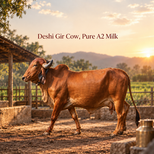 A brown Deshi Gir Cow standing in a farmyard at sunset, with mountains and trees in the background and the text 'Deshi Gir Cow, Pure A2 Milk' overlaid near the top.